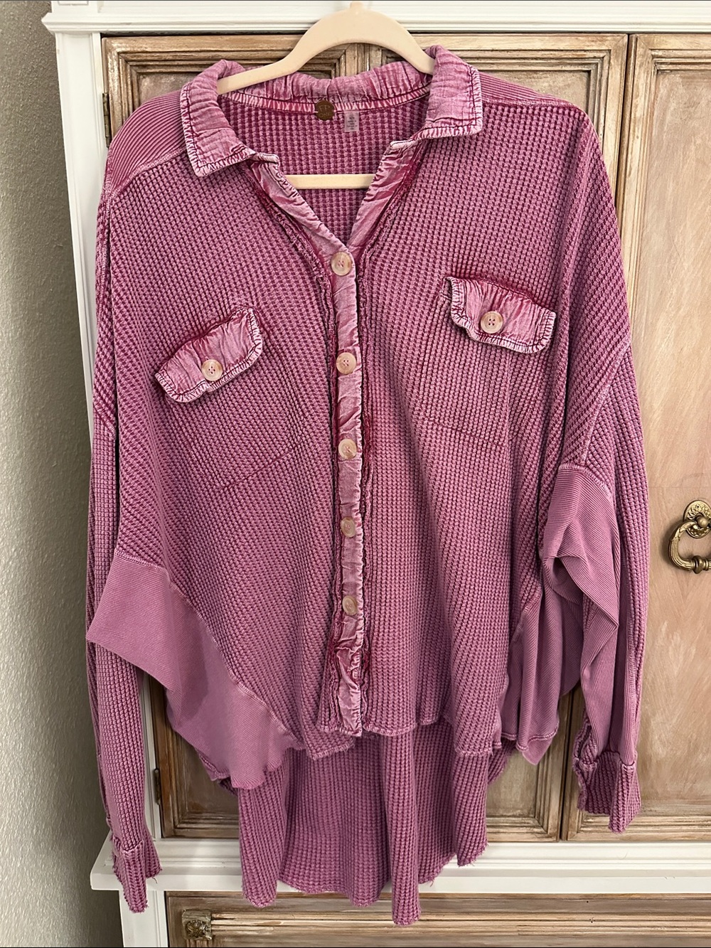Free People Dusty Mauve Waffle-Knit Button Front Shirt